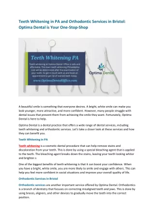 Teeth Whitening in PA and Orthodontic Services in Bristol Optima Dental is Your One-Stop-Shop