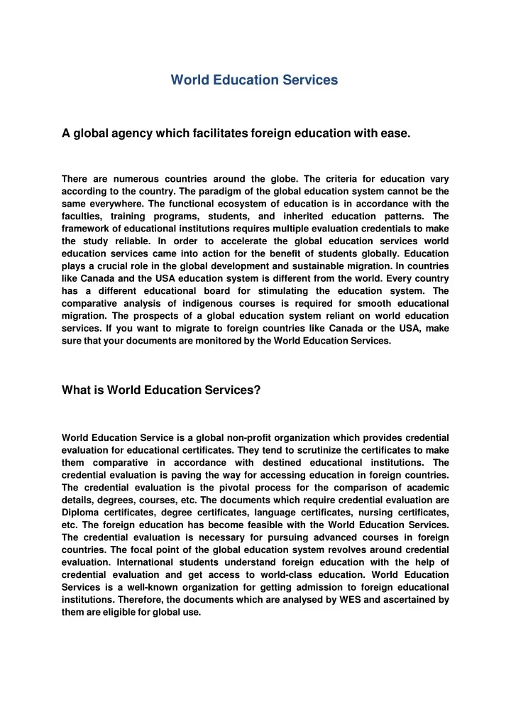 world education services a global agency which