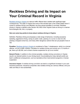 Reckless Driving and its Impact on Your Criminal Record in Virginia