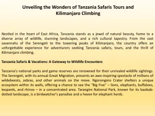 Unveiling the Wonders of Tanzania Safaris Tours and Kilimanjaro Climbing