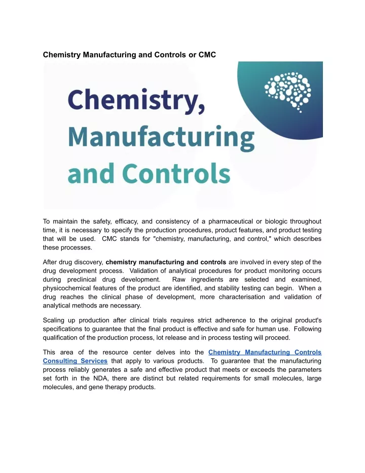 chemistry manufacturing and controls or cmc