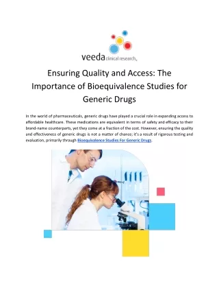 Bioequivalence Studies For Generic Drugs