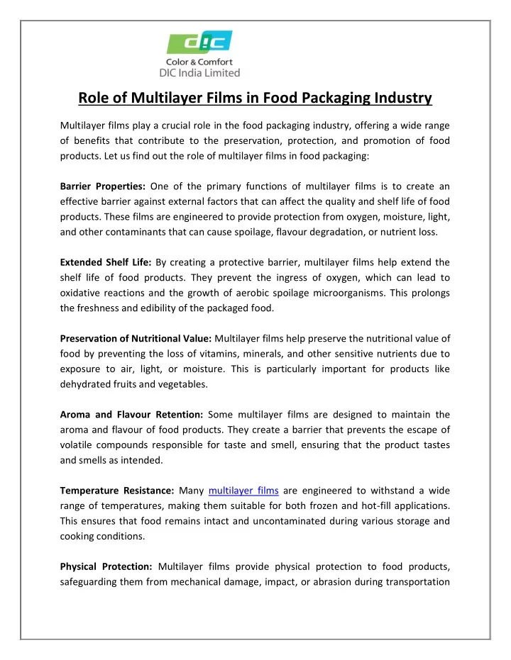 role of multilayer films in food packaging