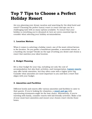 Top 7 Tips to Choose a Perfect Holiday Resort