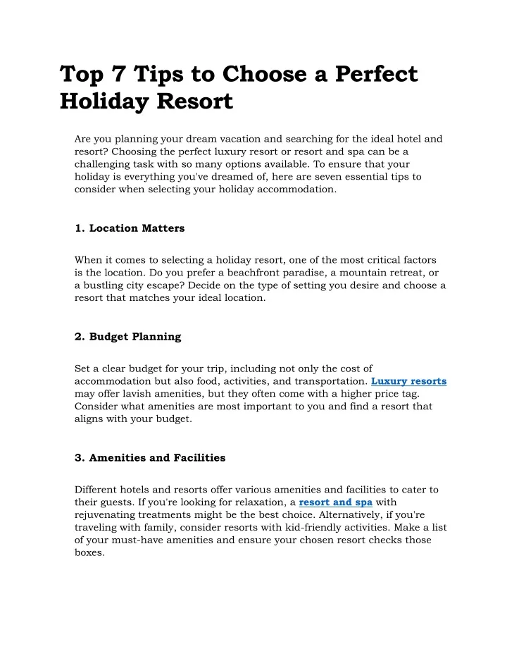 top 7 tips to choose a perfect holiday resort
