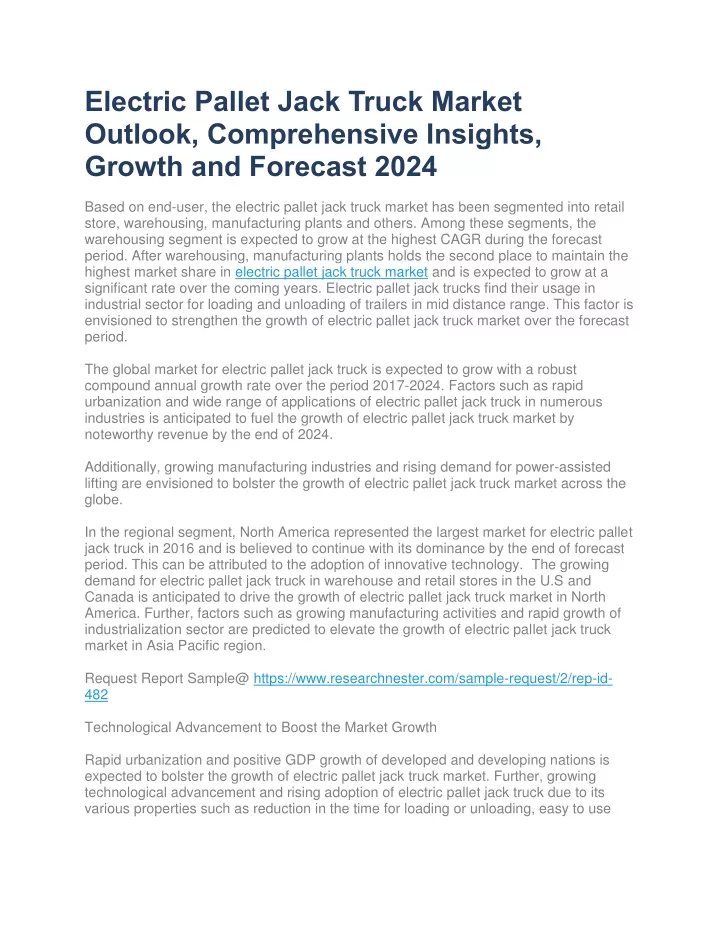electric pallet jack truck market outlook