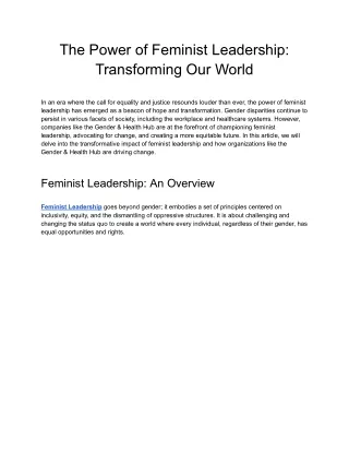 The Power of Feminist Leadership: Transforming Our World
