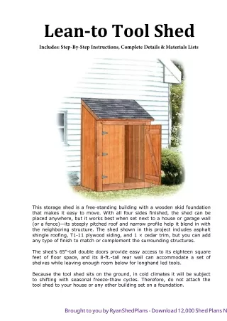 Lean-to Tool Shed Includes: Step-By-Step Instructions, Complete Details.
