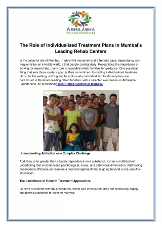 The Role of Individualised Treatment Plans in Mumbais Leading Rehab Centers