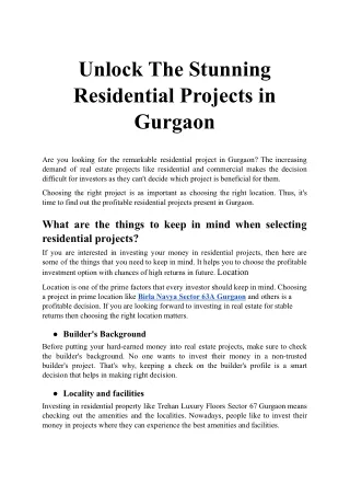 Unlock The Stunning Residential Projects in Gurgaon_PDF