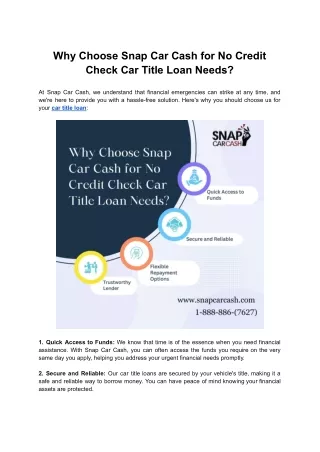 Why Choose Snap Car Cash for No Credit Check Car Title Loan Needs