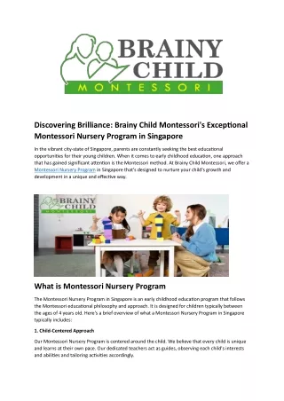 : Brainy Child Montessori's Exceptional Montessori Nursery Program in Singapore