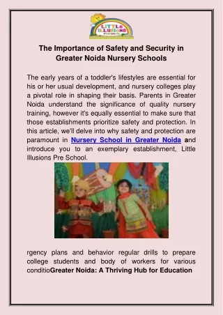 The Importance of Safety and Security in Greater Noida Nursery Schools
