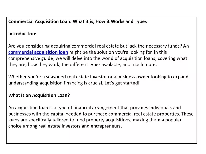 commercial acquisition loan what