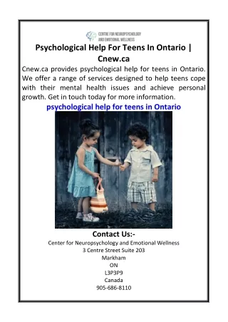 Psychological Help For Teens In Ontario | Cnew.ca