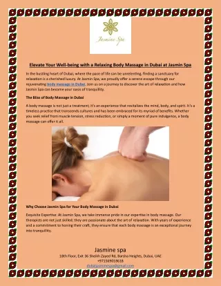 Elevate Your Well-being with a Relaxing Body Massage in Dubai at Jasmin Spa