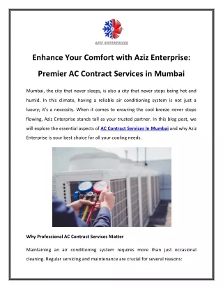 Enhance Your Comfort with Aziz Enterprise Premier AC Contract Services in Mumbai