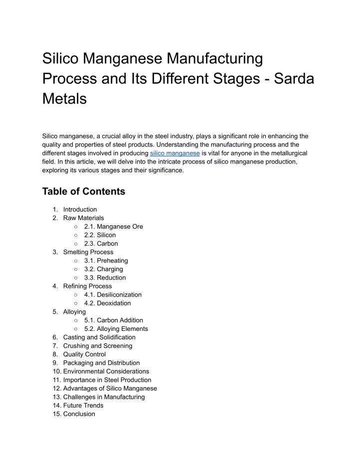 silico manganese manufacturing process