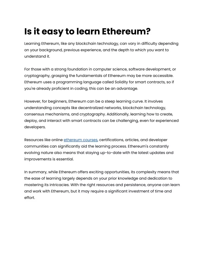 is it easy to learn ethereum