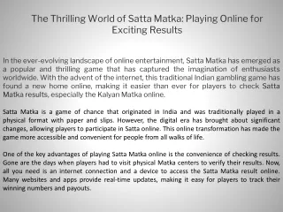 The Thrilling World of Satta Matka Playing Online for Exciting Results