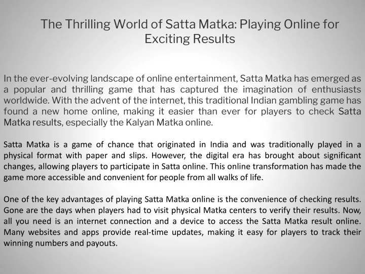 the thrilling world of satta matka playing online