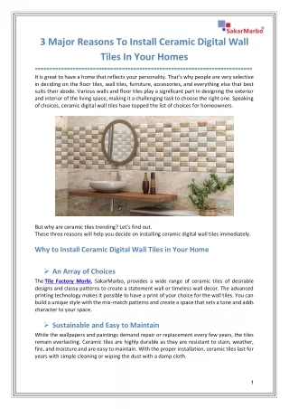 3 Major Reasons To Install Ceramic Digital Wall Tiles In Your Homes