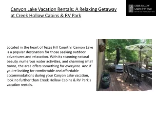 Canyon Lake Vacation Rentals A Relaxing Getaway at Creek Hollow Cabins & RV Park