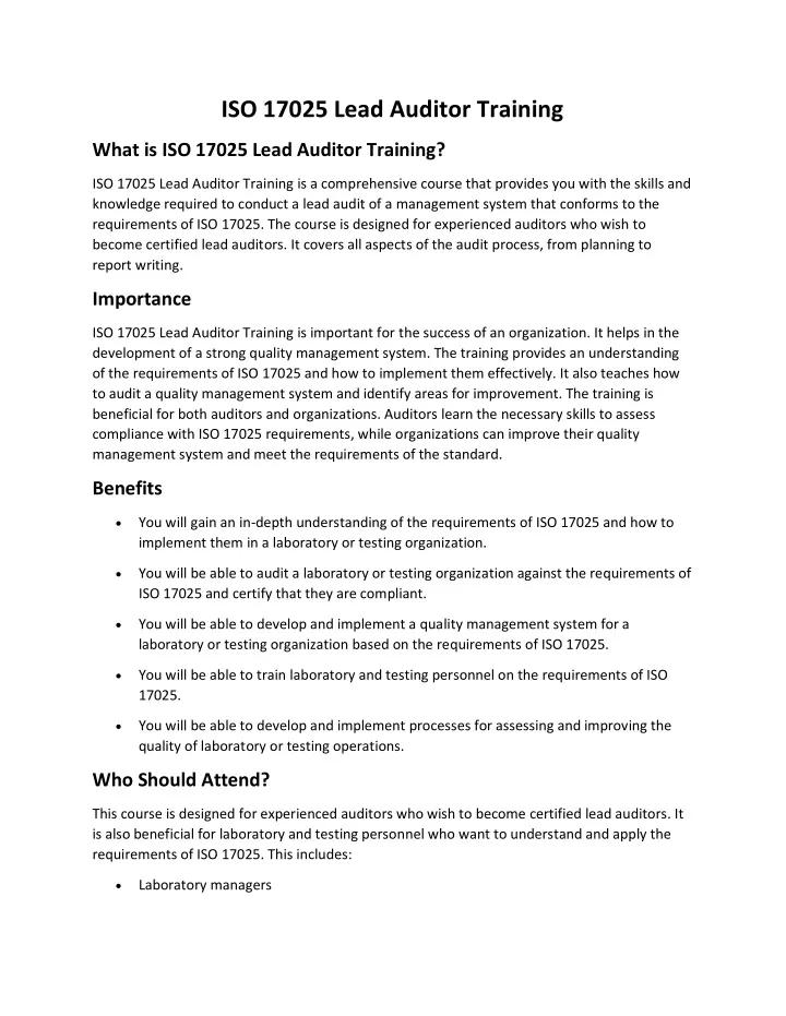 iso 17025 lead auditor training