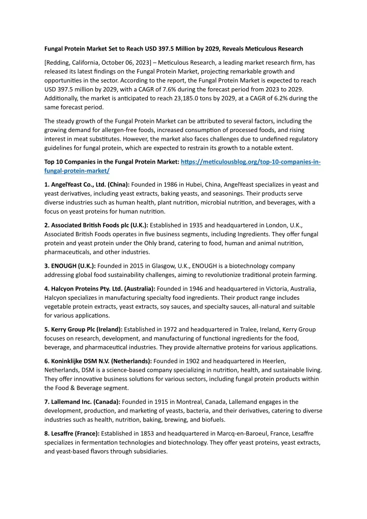 fungal protein market set to reach