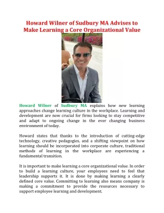 Howard Wilner of Sudbury MA Advises to Make Learning a Core Organizational Value
