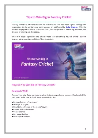 Tips to Win Big in Fantasy Cricket