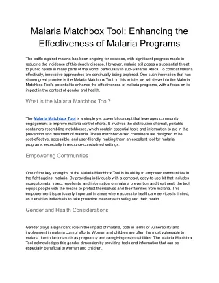 Malaria Matchbox Tool: Enhancing the Effectiveness of Malaria Programs