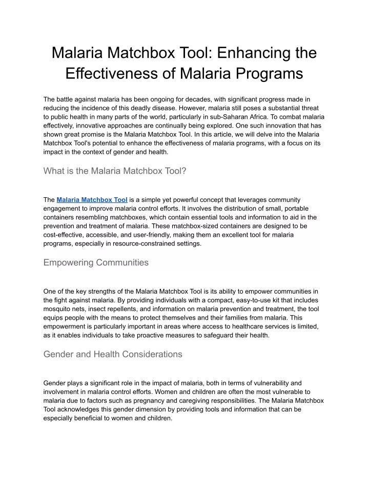 malaria matchbox tool enhancing the effectiveness
