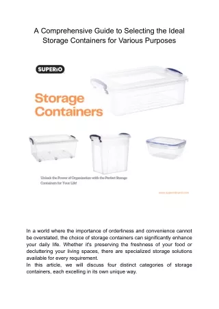 A Comprehensive Guide to Selecting the Ideal Storage Containers for Various Purposes