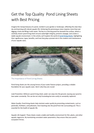 Get the Top Quality  Pond Lining Sheets with Best Pricing
