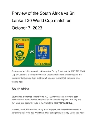 Preview of the South Africa vs Sri Lanka T20 World Cup match on October 7, 2023