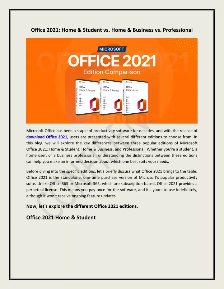office 2021 home student vs home business