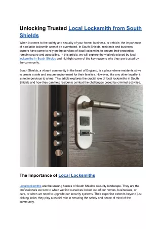 Unlocking Trusted Local Locksmith from South Shields