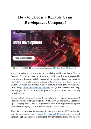 How to Choose a Reliable Game Development Company?