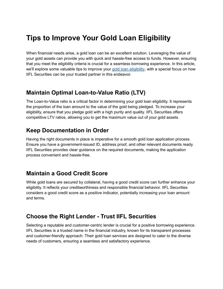tips to improve your gold loan eligibility