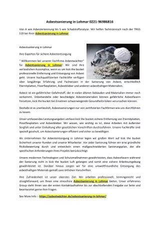 Asbestsanierung in Lohmar 0221-96986816