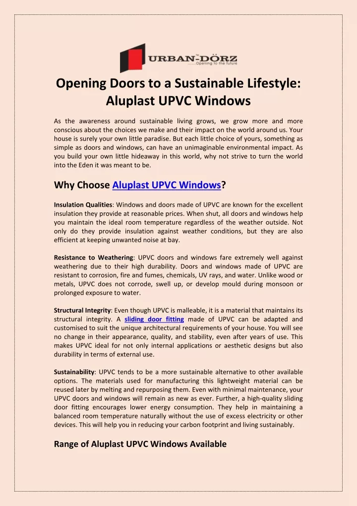 opening doors to a sustainable lifestyle aluplast
