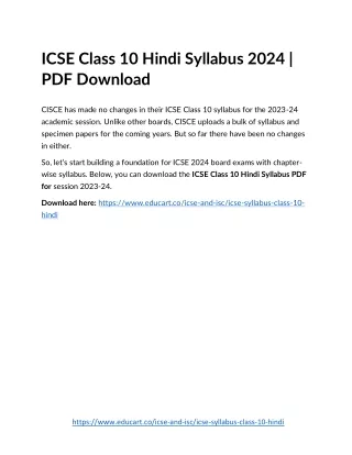 ICSE Class 10 Hindi Syllabus 2024  PDF Download