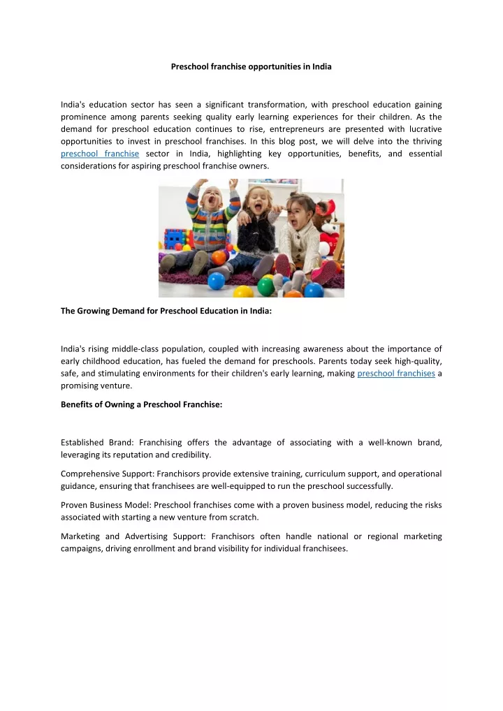 preschool franchise opportunities in india