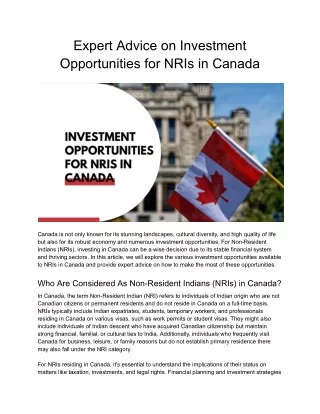 Expert Advice on Investment Opportunities for NRIs in Canada