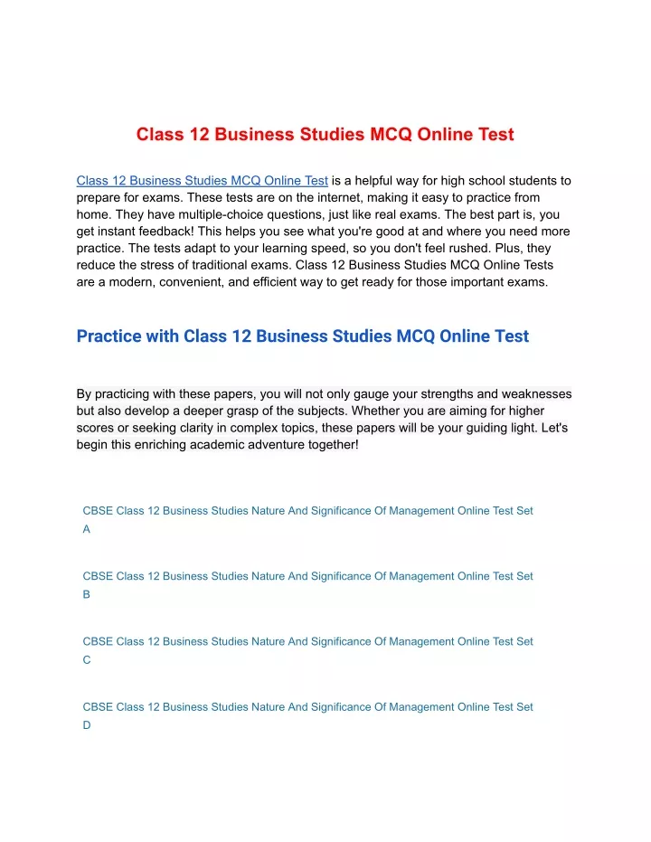 class 12 business studies mcq online test