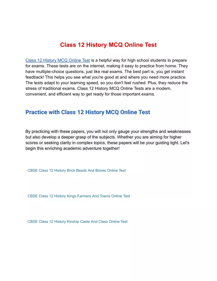 class 12 history mcq online test