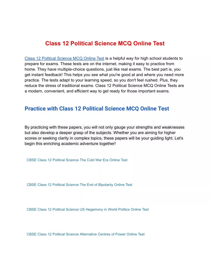 class 12 political science mcq online test