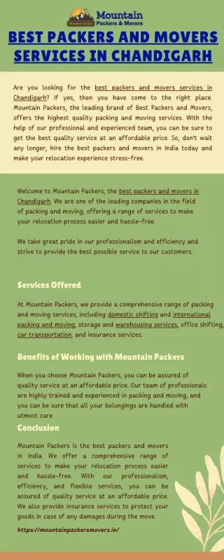 Hire Best Packers and Movers In Chandigarh - Mountain Packers