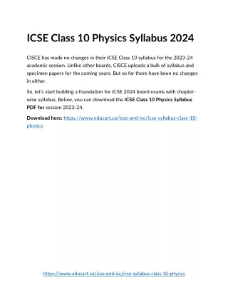 ICSE Class 10 Physics Syllabus 2024